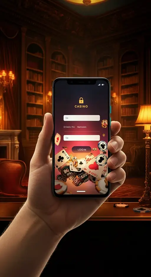 Illustratie van een mobiele telefoon met het Casino Vipzino inlogscherm, inclusief opties voor Face ID en Touch ID, voor veilige toegang.